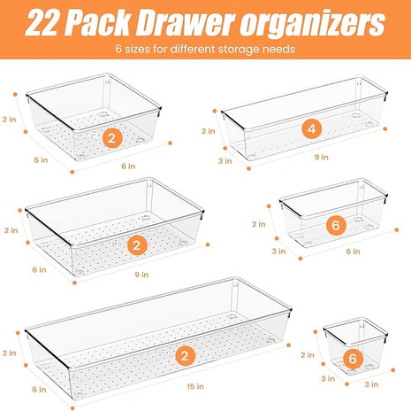 Criusia 22 Pcs Drawer Organizer Bins, Acrylic Non Slip Kitchen Drawer Organizers Storage Tray Divider, Multifunctional Storage for Cosmetics, Bathroom, Tools, Kitchen and Office
