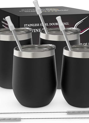 CHILLOUT LIFE 12 oz Stainless Steel Wine Tumblers 4 Pack - Double Wall Vacuum Insulated Wine Cups with Lids and Straws Set for Coffee, Wine, Cocktails - Powder Coated Black
