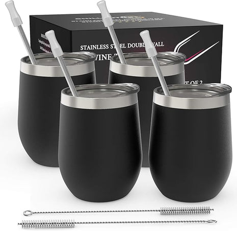 CHILLOUT LIFE 12 oz Stainless Steel Wine Tumblers 4 Pack - Double Wall Vacuum Insulated Wine Cups with Lids and Straws Set for Coffee, Wine, Cocktails - Powder Coated Black