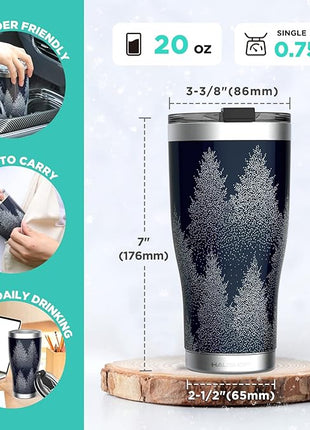 HAUSHOF 20oz Christmas Tumbler, Stainless Steel and Double Wall Insulated Travel Coffee Mug with Lid, Good Choice for Christsmas Gifts-Navy Blue with Pine Tree