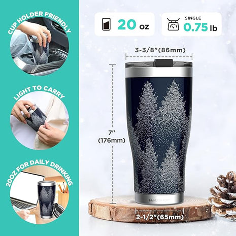 HAUSHOF 20oz Christmas Tumbler, Stainless Steel and Double Wall Insulated Travel Coffee Mug with Lid, Good Choice for Christsmas Gifts-Navy Blue with Pine Tree