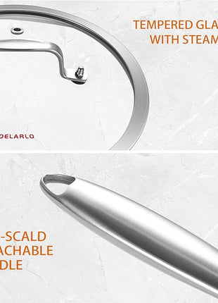 DELARLO Tri-Ply Stainless Steel 10 Inch Frying Pan,3 Quart Sauté Pan with lid,Compatible with All Cooktops,Oven Up to 660℉,Chicken Fryer,Dishwasher-Friendly