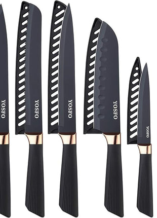 Stainless Steel Chef Knife Set, 6 Piece - Includes 8" Chef, 8" Bread, 7" Santoku, 5" Utility, 8" Carving & 3.5" Paring Knives (Black)