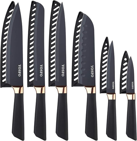 Stainless Steel Chef Knife Set, 6 Piece - Includes 8" Chef, 8" Bread, 7" Santoku, 5" Utility, 8" Carving & 3.5" Paring Knives (Black)