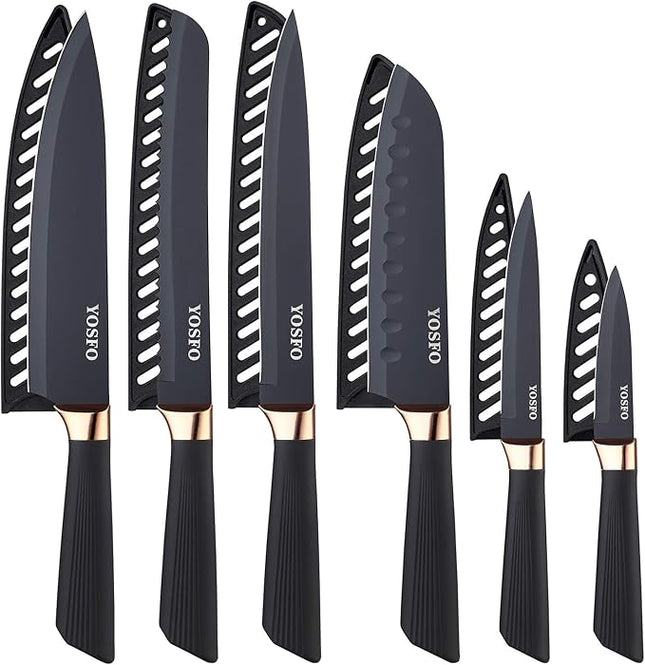 Stainless Steel Chef Knife Set, 6 Piece - Includes 8" Chef, 8" Bread, 7" Santoku, 5" Utility, 8" Carving & 3.5" Paring Knives (Black)