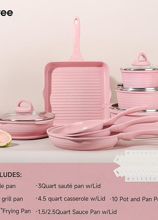 JEETEE Pink Pots and Pans Set Nonstick 23pcs, Healthy Kitchen Cookware Sets, Induction Cooking Set Pink Frying Pans, Saucepans, Sauté & Griddle & Crepe Pan (PFOA Free)