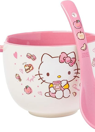 Silver Buffalo Sanrio Hello Kitty Apples and Cinnamon Ceramic Ramen Noodle Rice Bowl with Chopsticks and Spoon, Microwave Safe, 20 Ounces