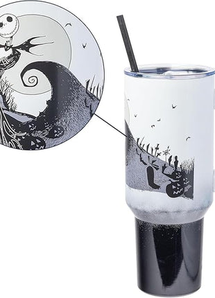 Silver Buffalo Disney Nightmare Before Christmas by Tim Burton Jack Skellington Hill and Moon Stainless Steel Tumbler with Handle and Straw, Fits in Standard Cup Holder, 40 Ounces (Pack of 12)