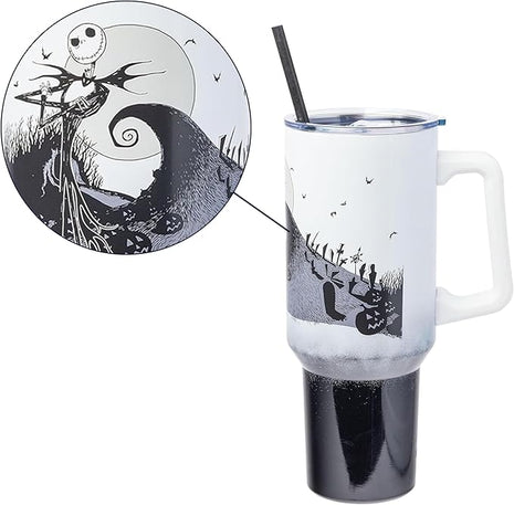 Silver Buffalo Disney Nightmare Before Christmas by Tim Burton Jack Skellington Hill and Moon Stainless Steel Tumbler with Handle and Straw, Fits in Standard Cup Holder, 40 Ounces (Pack of 12)