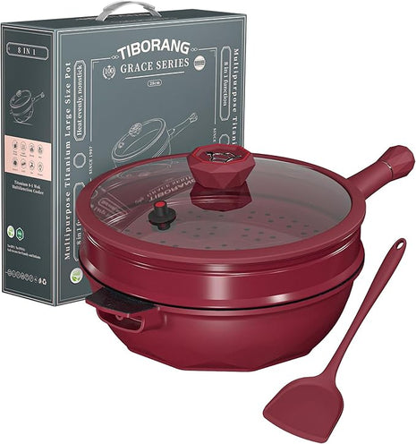 TIBORANG 8 in 1 Multipurpose 11 Inch 5 Quart Heat Indicator Nonstick Deep Frying Pan with Glass Lid,Stay-cool Handle,Steamed Grid,PFOA-Free,Dishwasher&Oven Safe,Works with All Stovetops(Ruby Red)