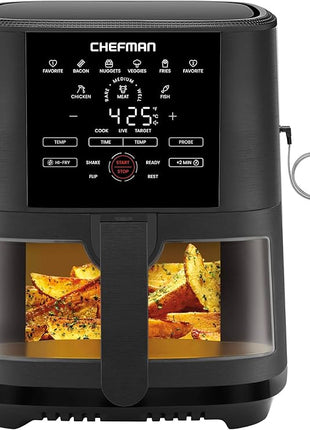 CHEFMAN 5-Quart Digital Air Fryer with Temperature Probe, 8 Customizable Cooking Presets, Large Easy-View Window, Give Your Food an Extra Crispy Finish, Nonstick Dishwasher-Safe Basket & Tray, Black