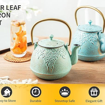 Tea Kettle, TOPTIER Japanese Cast Iron Tea Kettle with Infuser for Loose Leaf and Tea Bags, Stovetop Safe Cast Iron Teapot Coated with Enameled Interior for 40 oz (1200 ml), Turquoise Blue