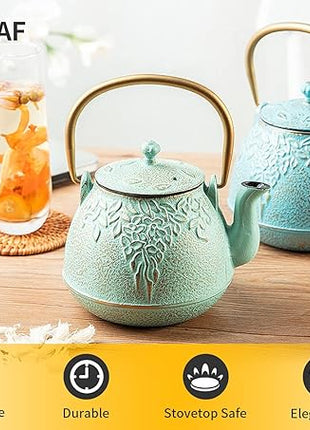 TOPTIER Japanese Cast Iron Tea Kettle with Stainless Steel Infuser, Cast Iron Teapot Stovetop Safe, Leaf Design Teapot Coated with Enameled Interior, 32 Ounce (950 ml), Turquoise Blue