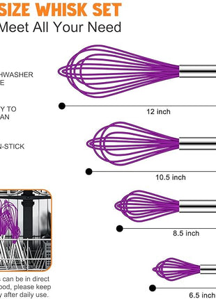 HOTEC 4 Pieces Silicone Whisks Set, Wire Balloon Whisks Egg Beater, Non-slip Handle Whisk for Non-stick Cookware Perfect for Cooking, Stirring, Beating and Blending (Purple)