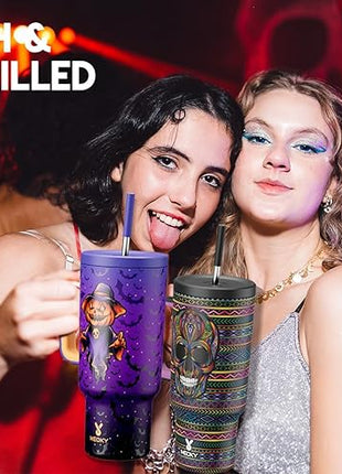 Meoky 40 oz Halloween Tumbler with Handle and Straw, Tumbler with Lid and Straw, Insulated Stainless Steel Travel Mug, 100% Leak-proof, Keeps Cold for 34 Hours or Hot for 10 Hours (Red Skull)