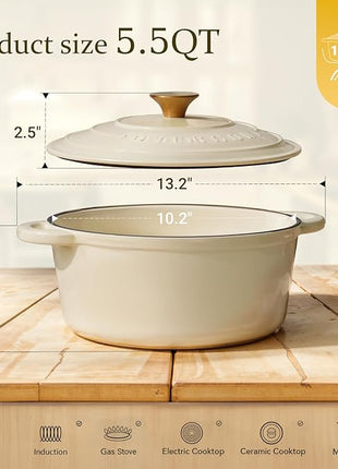Overmont Enameled Cast Iron Dutch Oven - 5.5QT Pot with Lid Cookbook & Cotton Potholders - Heavy-Duty Cookware for Braising, Stews, Roasting, Bread Baking Cream White