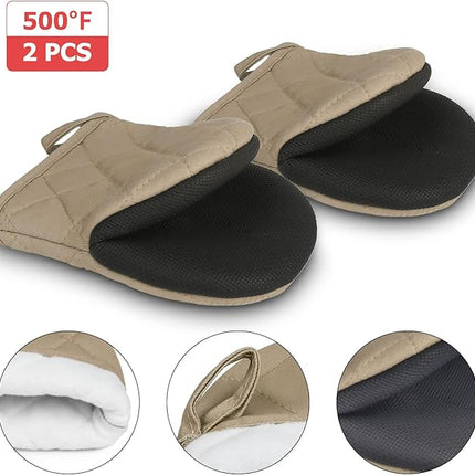 1 Pair Short Oven Mitts, Heat Resistant Silicone Kitchen Mini Oven Mitts for 500 Degrees, Non-Slip Grip Surfaces and Hanging Loop Gloves, Baking Grilling Barbecue Microwave Machine Washable