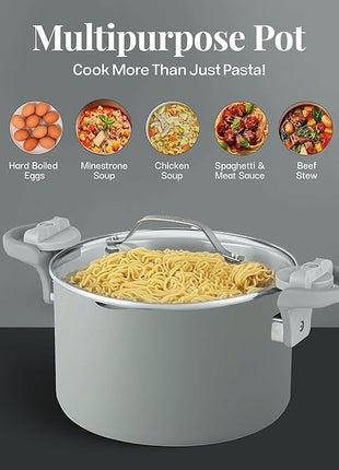 Gotham Steel 5 Quart Stock Pot Multipurpose Pasta Pot with Strainer Lid & Twist and Lock Handles, Ceramic Nonstick Cooking Pots + Pasta Strainer Lid, Spaghetti Pot, Dishwasher Safe