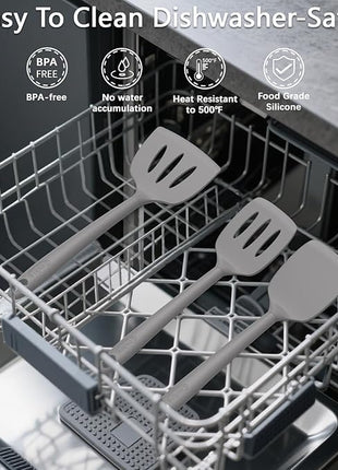 Coukre Silicone Kitchen Cooking Utensils Set with Holder – Heat-Resistant, Food-Grade Kitchen Tools, Spatula, Spoon & Gadgets for Non-Stick Pans, Dishwasher Safe (14, PureGray)