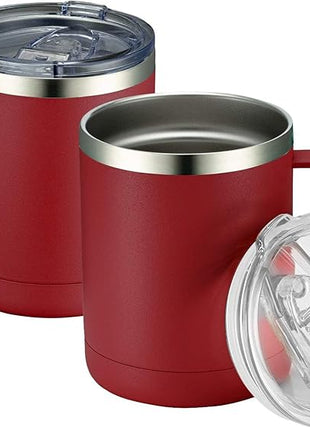 MEWAY 12oz Coffee Mug With Handle 2 Pack Bulk,Stainless Steel Insulated Travel Tumblers With Sliding Lid,Double Wall Vacuum Camping Cup for Hot & Cold Drinks Tea (Red,Set of 2)