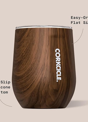 Corkcicle Stemless Insulated Wine Glass Tumbler - Keeps Beverages Cold 6 Hrs Hot 3 Hrs - Stainless Steel - Easy-Grip - Summer Drinkware Gift - Keeps Drinks Ice Cold - 12 oz - Walnut Wood