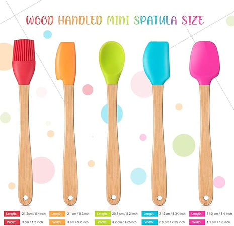 Wood Handled Mini Spatula Mini Silicone Baking Spatulas Set Silicone Brush with Wooden Handles, Spoon, Spatula for Kitchen Cooking Mixing (5)