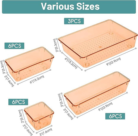 WOWBOX 25 PCS Plastic Drawer Organizer Set, 4 Sizes Desk Drawer Divider Organizers and Storage Bins for Makeup, Jewelry, Gadgets for Kitchen, Bedroom, Bathroom, Office, Clear Orange