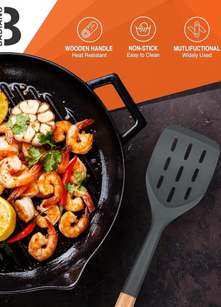 Pack of 2 Silicone Spatula, Non Stick Cooking Utensil Set Wooden Handle Kitchen Turner for Baking Mixing Grilling Serving Food Heat Resistant Non Scratch Hooks Included (Grey)