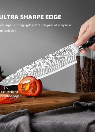 MOSFiATA 8" Super Sharp Professional Chef's Knife with Finger Guard and Knife Sharpener, German High Carbon Stainless Steel EN1.4116 with Micarta Handle and Gift Box