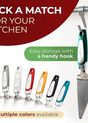 Orblue Pie Server, Essential Kitchen Tool, Serrated on Both Sides, Great for Right or Left Handed Chef, Stainless Steel Flatware, Cake Cutter, Dark Green