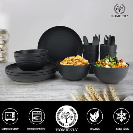 Homienly Wheat Straw Dinnerware Sets, Homienly 20pcs Unbreakable Microwave Dishwasher Safe Tableware Lightweight Bowls, Cups, Plates Set Reusable Dinner Plates Bowls set (Matte Black)