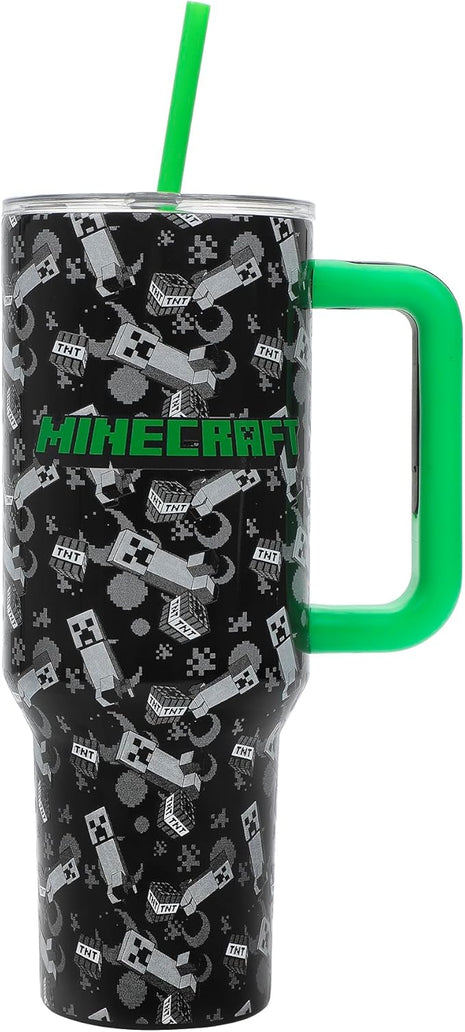 Bioworld Minecraft Creeper & TNT 40 Oz Black Stainless Steel Tumbler With Handle
