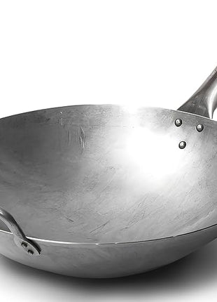 Craft Wok Traditional Hand Hammered Chinese Carbon Steel Wok with Wooden and Steel Helper Handle (14 Inch, Round Bottom Pow Wok Pan) / 731W88