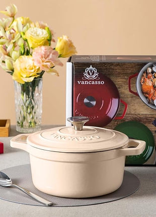 vancasso 2.5 QT Enameled Cast Iron Dutch Oven with Stainless Steel Knob Lid – Small Non-Stick Casserole for Steaming, Baking, and Roasting – Cream Color