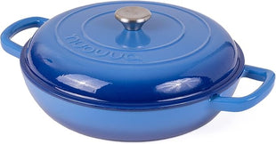 Cast Iron Dutch Oven with Lid – Non Stick Shallow Dutch Oven Pot, Oven Safe up to 500° F – Sturdy Cooking Pot – Enamelled Stockpot Cookware – Dark Blue, 3.7-Quart, 30cm – by Nuovva