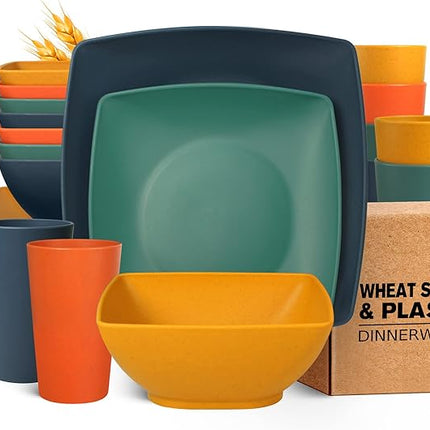 Teivio 32-piece Plastic Wheat Straw Square Dinnerware Set for 8, Unbreakable Dinner Plates, Salad Plates, Snack Bowls, Tumblers 20 oz, Dishwasher Safe, Autumn Multicolor
