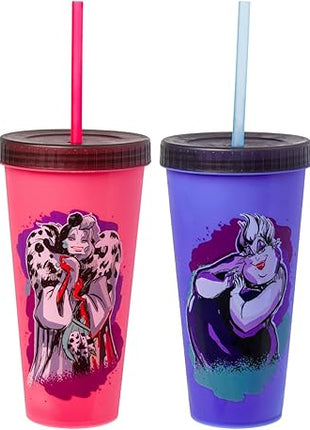 Silver Buffalo Disney Villains 4 pack Color Change Plastic Tumbler Featuring The Evil Queen, Cruella De Vil, Ursula, and Maleficent, 24 Ounces
