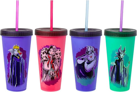 Silver Buffalo Disney Villains 4 pack Color Change Plastic Tumbler Featuring The Evil Queen, Cruella De Vil, Ursula, and Maleficent, 24 Ounces
