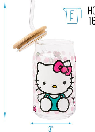 Silver Buffalo Sanrio Hello Kitty Strawberry Milk Bow Pink Polka Dot Glass Jar Tumbler with Bamboo Lid and Glass Straw, 16 Ounces (Pack of 12)