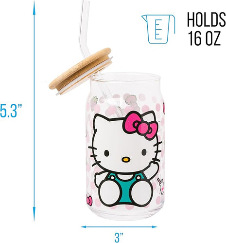 Silver Buffalo Sanrio Hello Kitty Strawberry Milk Bow Pink Polka Dot Glass Jar Tumbler with Bamboo Lid and Glass Straw, 16 Ounces (Pack of 12)