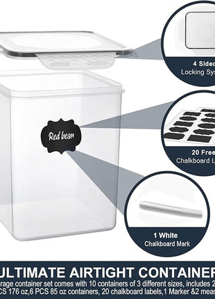 VERONES Large Tall Airtight Food Storage Containers, 10 PACK Plastic Airtight Kitchen & Pantry Organization, Ideal for Flour & Sugar Plastic Canisters with Labels