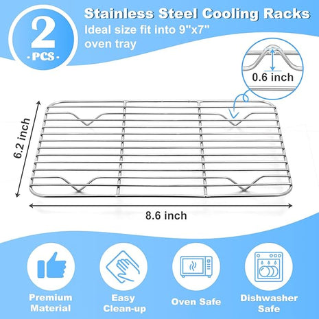 P&P CHEF Cooling Baking Rack Pack of 2, Stainless Steel Cooling Racks for Cooking Baking Roasting Grilling Drying, Dense Wires & Smooth Edge, Easy to clean, Silver, 8.6" x 6.2"