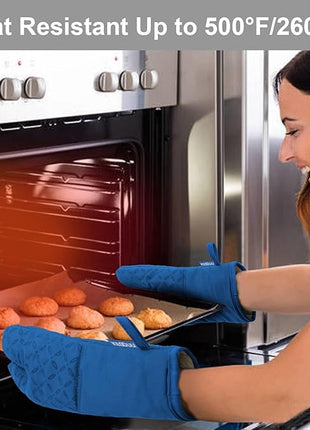 KEGOUU Oven Mitts and Pot Holders 6pcs Set, Kitchen Oven Glove High Heat Resistant 500 Degree Extra Long Oven Mitts and Potholder with Non-Slip Silicone Surface for Cooking (Royal Blue)