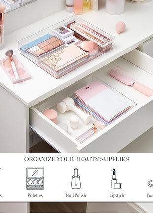 STORi SimpleSort 2-Piece Stackable Clear Drawer Organizer Set | 15" x 6" x 2" Rectangle Trays | Wide Makeup Vanity Storage Bins and Office Desk Drawer Dividers | Made in USA