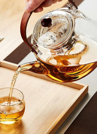 40oz Glass Teapot with Anti-Drip Spout, Peach Wood Handle and Lid, Heat-Resistant Borosilicate Glass, Dual Infusers for Steaming and Boiling