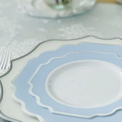 " OCCASIONS " 240 Plates Pack (120 Guests) Heavyweight Wedding Party Disposable Plastic Plates Set -120 x 10.5'' Dinner + 120 x 8'' Salad/Dessert Plate (Imperial in White/Blue & Silver)