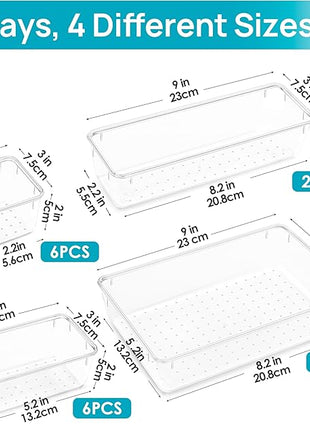 Vtopmart 15 PCS Clear Plastic Drawer Organizers Set, 4-Size Versatile Bathroom and Vanity Organizer Trays, Non-Slip Storage Containers for Makeup, Jewelries, Bedroom，Kitchen Utensils and Office