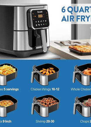 ECOWELL Air Fryer,Compact Large 6 Quart,Stainless Steel Air Fryer, 8 Food Presets,Touch Screen,BPA-Free, Up to 95% Less Oil*, Roast,Bake, Dry, Reheat,Broil, 120V,Dishwasher-Safe 1700W, Black, TXS5T2