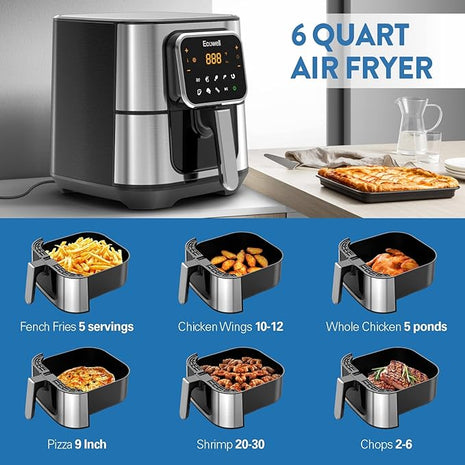 ECOWELL Air Fryer,Compact Large 6 Quart,Stainless Steel Air Fryer, 8 Food Presets,Touch Screen,BPA-Free, Up to 95% Less Oil*, Roast,Bake, Dry, Reheat,Broil, 120V,Dishwasher-Safe 1700W, Black, TXS5T2