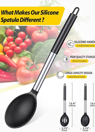 Pack of 2 Large Silicone Cooking Spoons,Non Stick Solid Basting Spoon,Heat-Resistant Kitchen Utensils for Mixing,Serving,Draining,Stirring (BLACK)